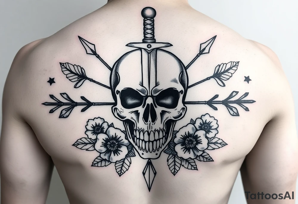 For the arm. High resolution. Realistic skull with dagger through the top of it. Surrounds by arrows, flowers and leaves. Symmetrical tattoo idea