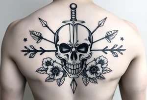 For the arm. High resolution. Realistic skull with dagger through the top of it. Surrounds by arrows, flowers and leaves. Symmetrical tattoo idea