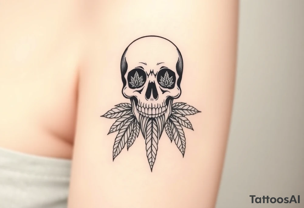 "Create a bold, black-and-white illustration of a stylized skull with intricate detailing. Incorporate cannabis leaves extending downward like a beard and marijuana buds filling the eye sockets. Ensure the design is symmetrical, high-contrast, and resembles a tattoo-style artwork with sharp, clean lines." tattoo idea