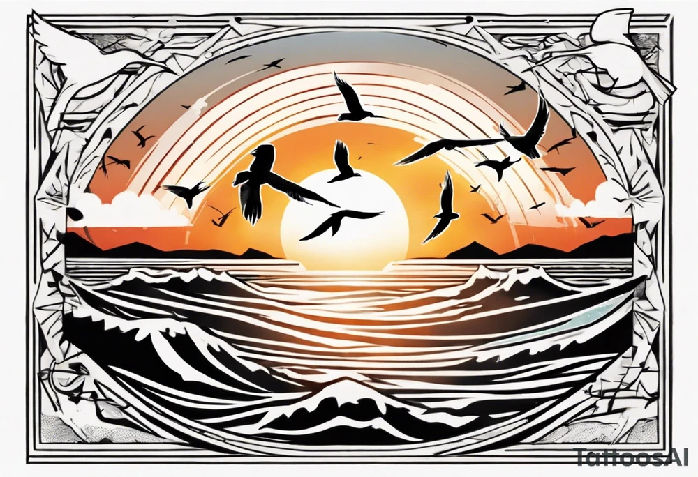 Sunset over the sea with birds flying in a rectangle tattoo idea