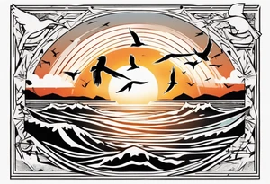 Sunset over the sea with birds flying in a rectangle tattoo idea