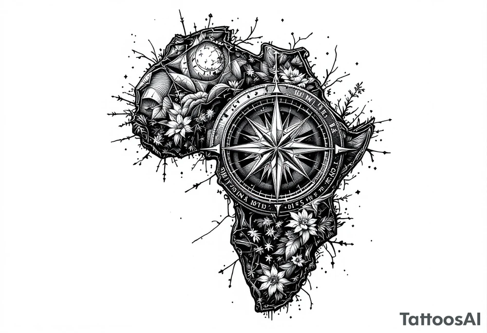 Compass on the back of the palm in the shape of Africa tattoo idea