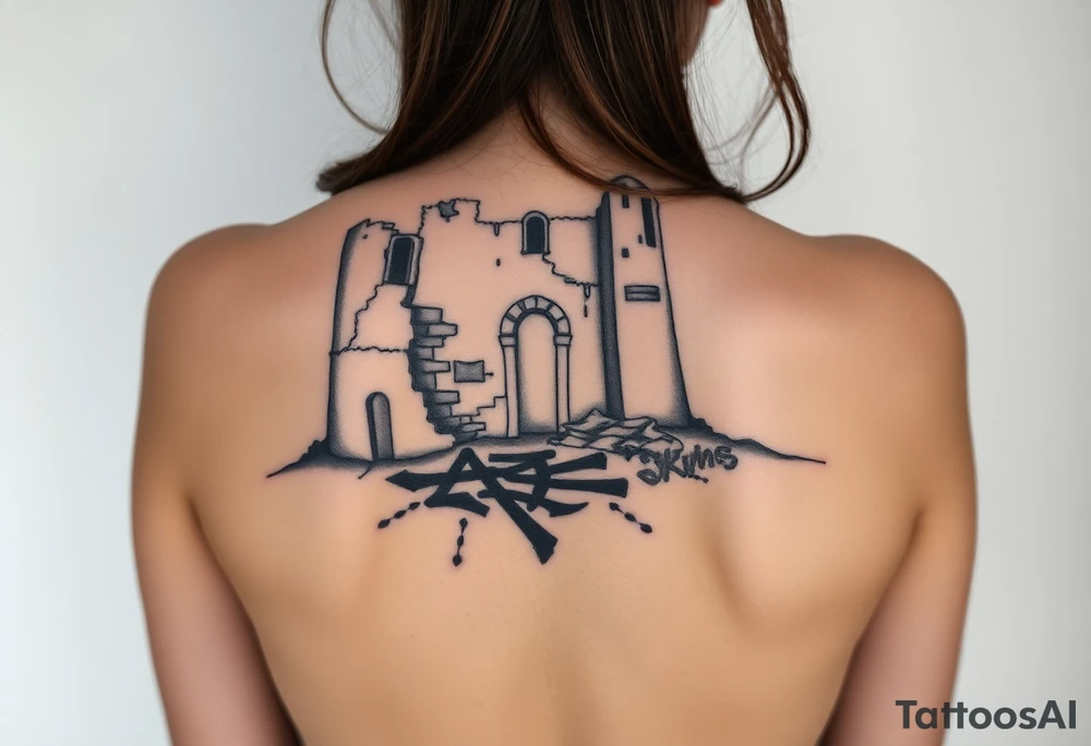 Vele di Scampia ruined and covered in graffiti, large tattoo, lower back area tattoo idea