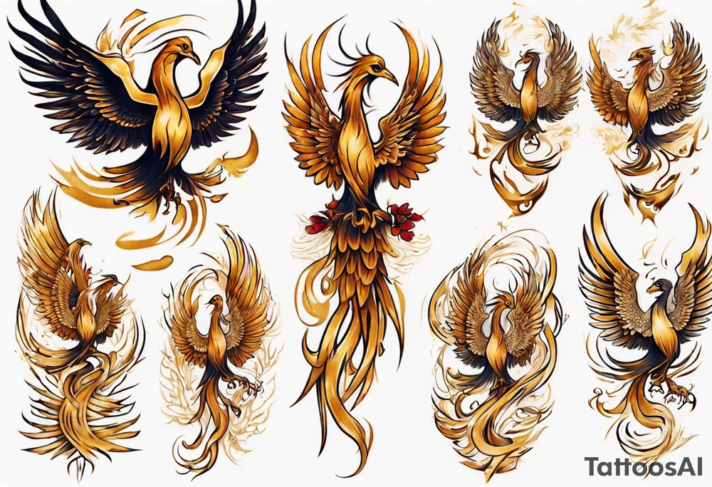 Sleeve tattoo on a woman's arm. Gold Phoenix tattoo idea