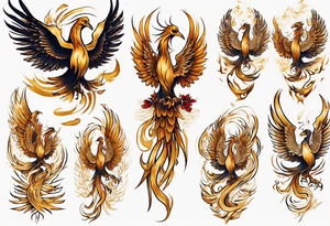 Sleeve tattoo on a woman's arm. Gold Phoenix tattoo idea