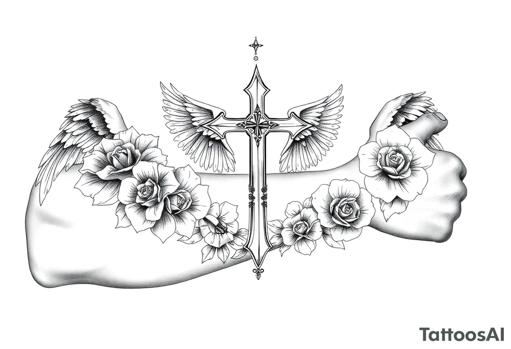 Angels roses cross and princess tattoo idea