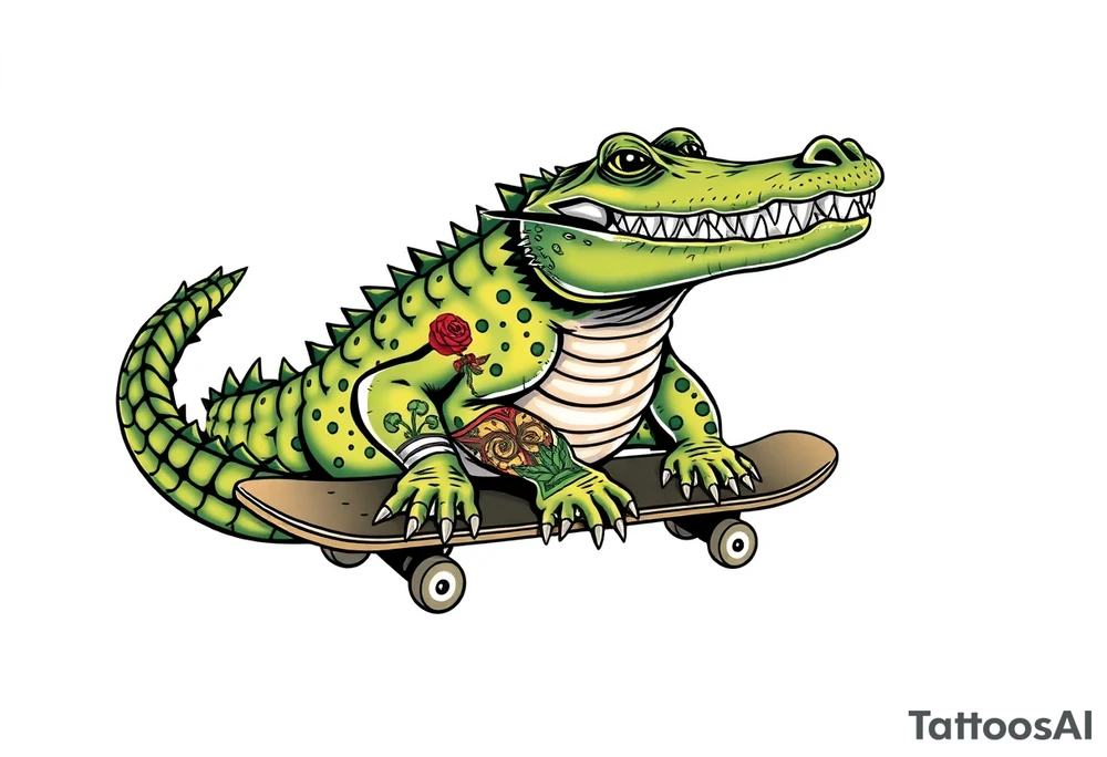 crocodile riding a skateboard with piercings and tattoos tattoo idea