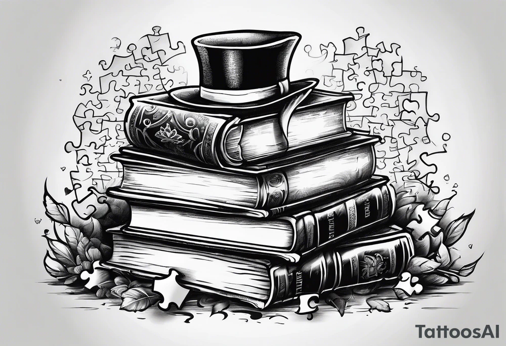 Stack of books with jigsaw puzzle pieces tattoo idea