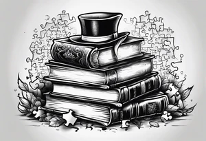 Stack of books with jigsaw puzzle pieces tattoo idea