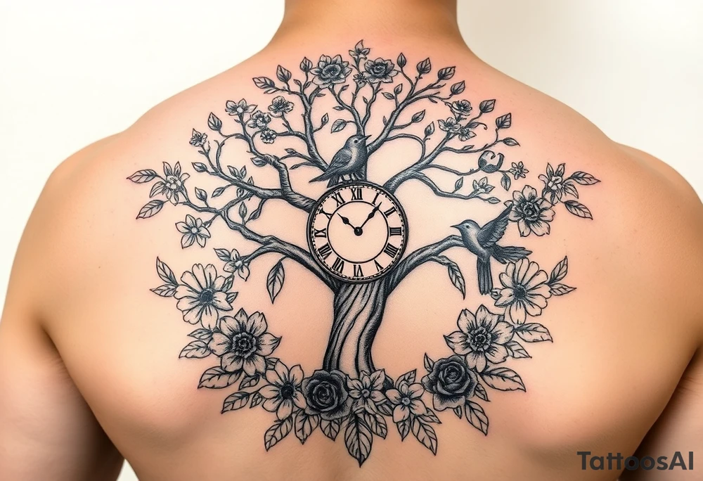 tree of life with clock, flowers,  surrounded by floral ornaments and birds tattoo idea