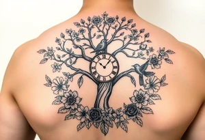 tree of life with clock, flowers,  surrounded by floral ornaments and birds tattoo idea