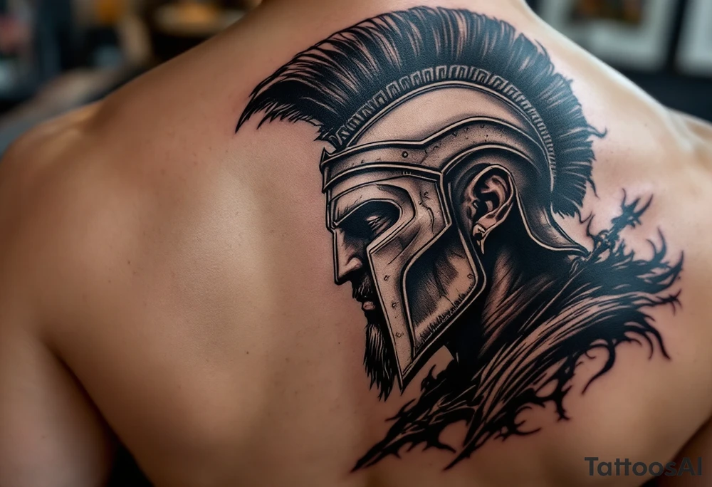 realistic spartan with trident tattoo idea