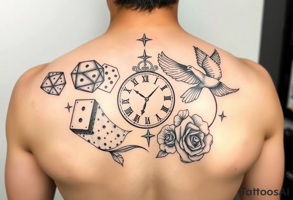 Dice cards money girls clock compass dove rose sleeve tattoo idea