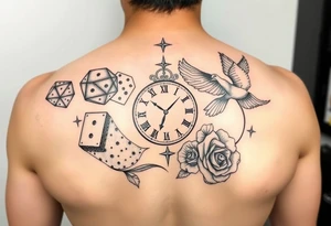 Dice cards money girls clock compass dove rose sleeve tattoo idea