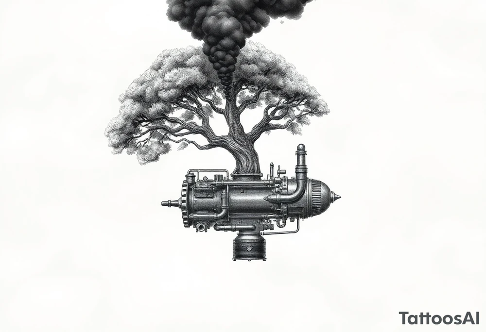 tree growing out of a v shaped engine with lots of pipes, guages and steam around the engine 
 with a smoke stack coming out of the top 
 billowing black smoke as if the tree and engine were a flying machine flying through the air 
 with an extreme steam punk vibe alot more steam punk 
it should look somewhat like a hot air baloon where the tree is the balloon and the machine is the basket but they are together as one unit, and the sky should have clouds in the back ground as if it were chugging along flying through the sky and needs to look extremely steam punk
the smoke stack should be coming out of the tree and the smoke should be trailing behind the machine 
the tree is the actual smoke stack for the machine 
the smoke stack should be a branch pointing up and out with smoke billowing out of it tattoo idea
