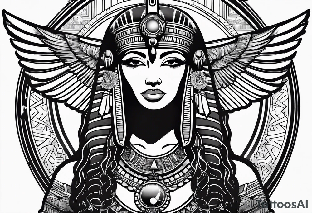 black and white Egyptian goddess Isis tattoo idea