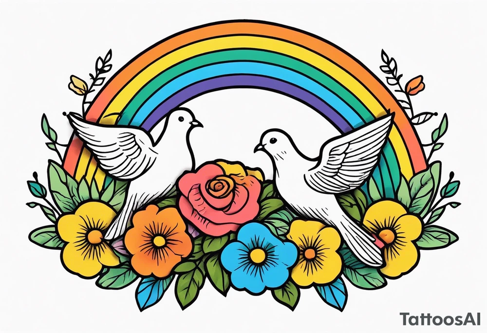 rainbow in clouds
with doves and vintage flowers
old school vintage simple traditional design 



bold color simple tattoo idea