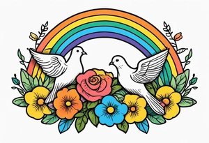 rainbow in clouds
with doves and vintage flowers
old school vintage simple traditional design 



bold color simple tattoo idea