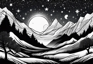 Lighter shaded night sky with stars.  Night sky fading at edges 

Mountains 

Trees with snow on them tattoo idea