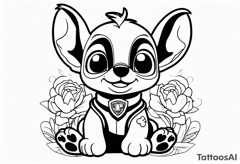 stitch sitting with paw patrol tattoo idea