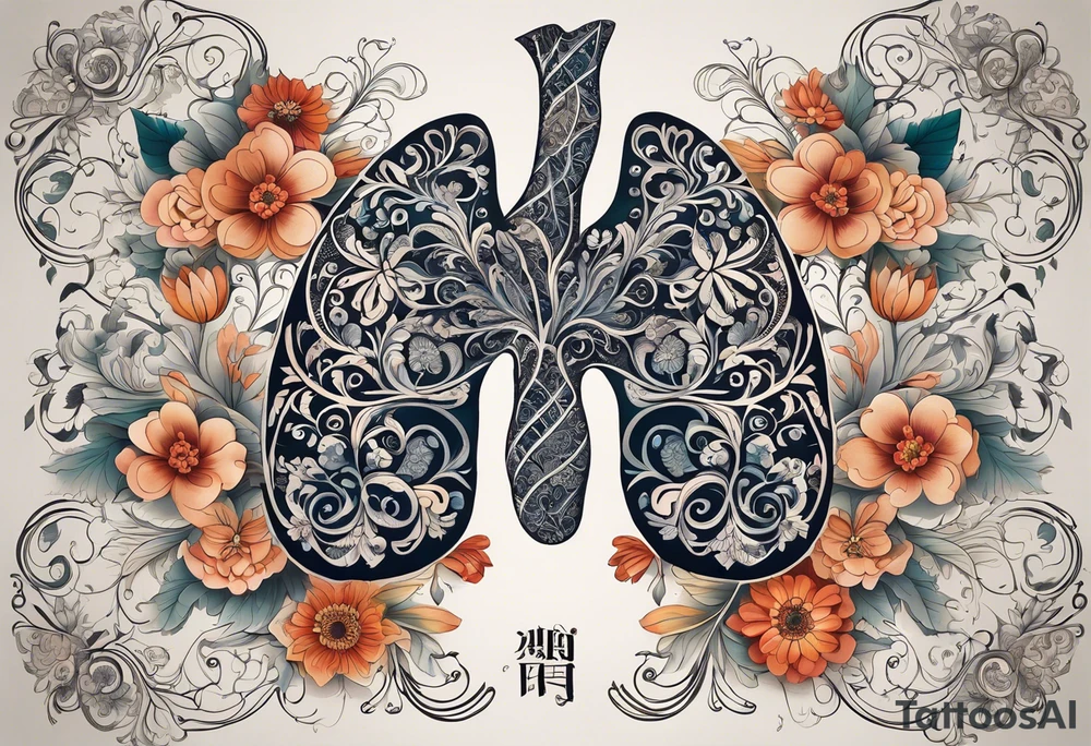 intricate and artistic arrangement of flowers and ornamental patterns that come together to form the shape of human lungs. The design should have a balance of delicacy and detail, with vibrant floral elements seamlessly intertwining to mimic the structure of the lungs, including the bronchi branching into floral motifs. Incorporate subtle shading and depth to give the tattoo a dynamic and organic feel, while maintaining elegance and symmetry tattoo idea