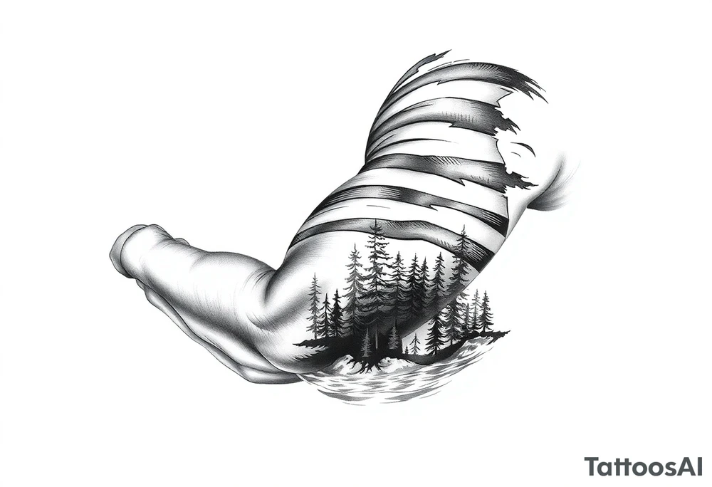 American flag with forest and water below tattoo idea