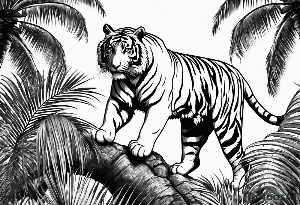 tiger climbing palm tree tattoo idea