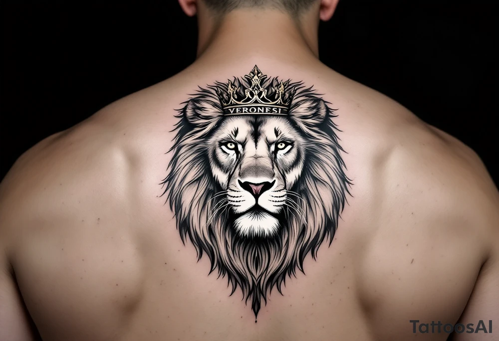 Realistic lion with crown and "VERONESI" name add on it tattoo idea