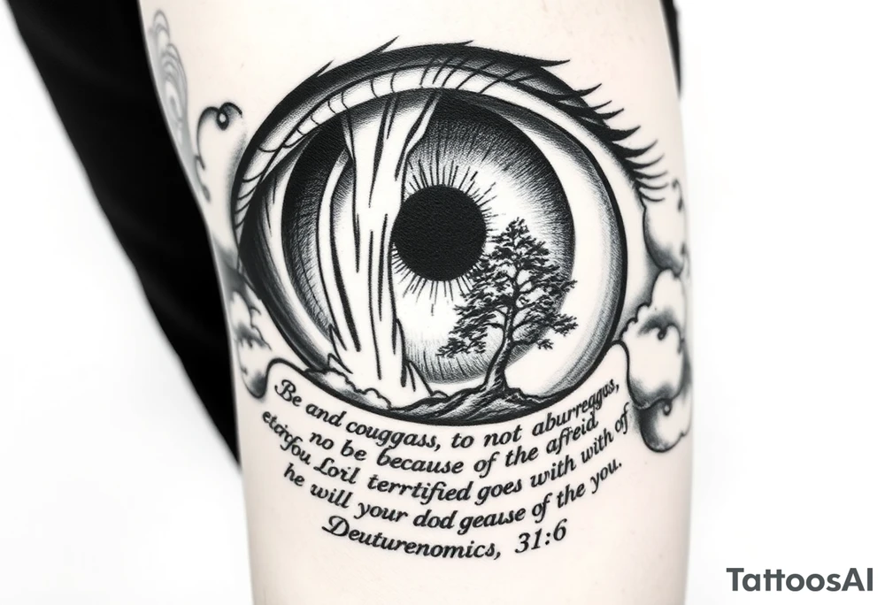 Realistic Eyeball with waterfall flowing out of it and under have a tree and under that have the verse Be strong and courageous. Do not be afraid or terrified
because of them, for the Lord your God goes with you; he will never leave you nor forsake you." Deuteronomy 31:6  and clouds around the tattoo tattoo idea