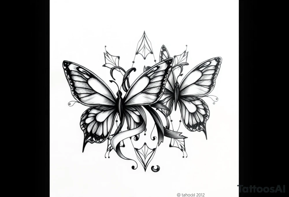 ethereal butterflies with flowing silk ribbons in geometric mandala tattoo idea