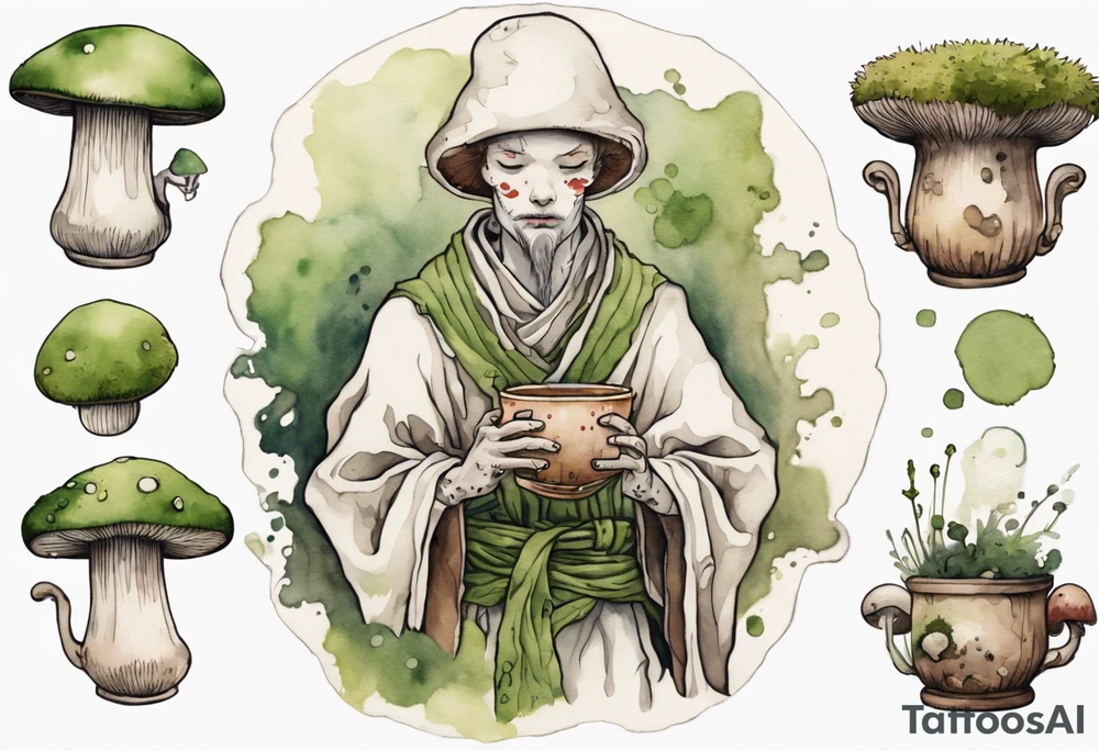 a mushroom person with a moss face wearing a medieval tunic drinking from a wood cup tattoo idea