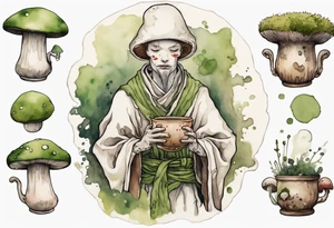 a mushroom person with a moss face wearing a medieval tunic drinking from a wood cup tattoo idea