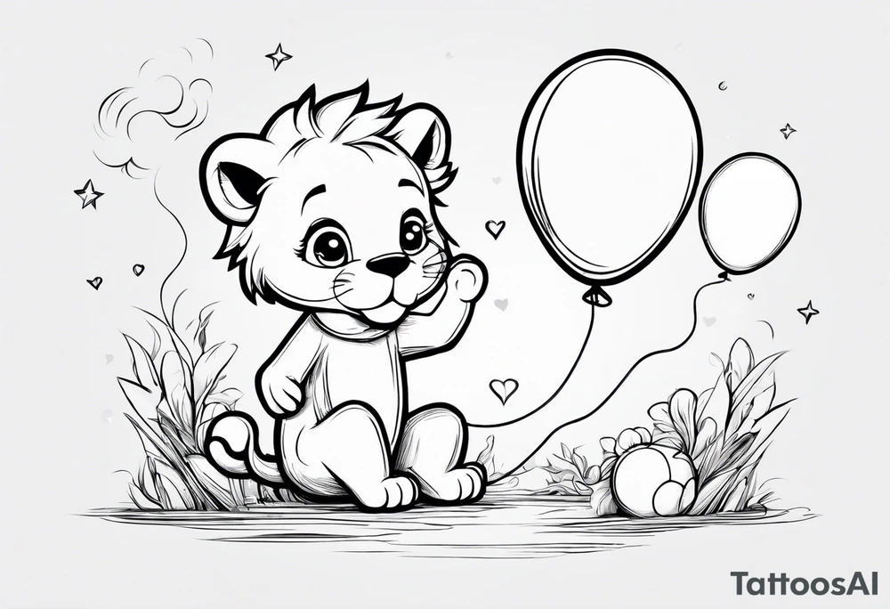 tatoo in sketch style only.
A little lion boy is holding a string to the hearth shaped small party baloon.
lion boy should be drawed from behind and has one hand reaching up in 45 degree angle and holding the baloon string
On the string is a wave which look like a hearbeat pulse.
draw it without any scenery, without any background. Just a boy 
Add heartbeat pulse on the string tattoo idea