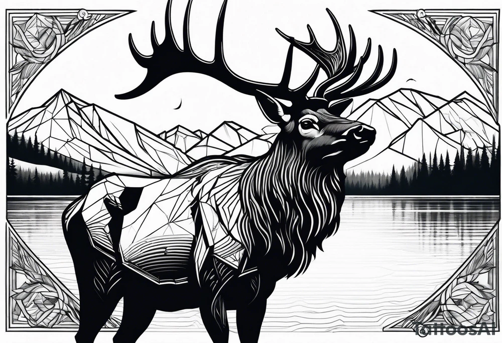 majestic elk near a lake, with mountains in the background tattoo idea