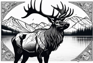 majestic elk near a lake, with mountains in the background tattoo idea