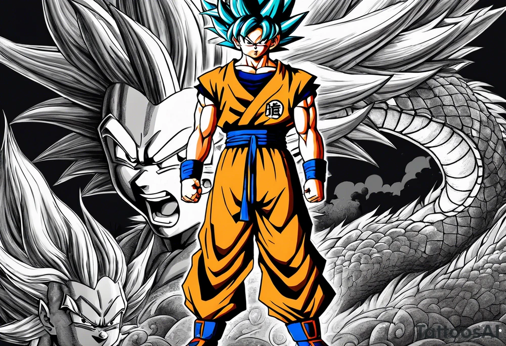 Son-Goku as a child in the foreground and an older version of him as a super saiyajin behind him. A huge dragonball surrounds the whole scenery. Fokus friends are behind him as shadows tattoo idea