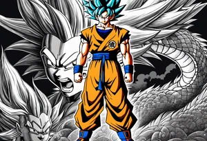 Son-Goku as a child in the foreground and an older version of him as a super saiyajin behind him. A huge dragonball surrounds the whole scenery. Fokus friends are behind him as shadows tattoo idea