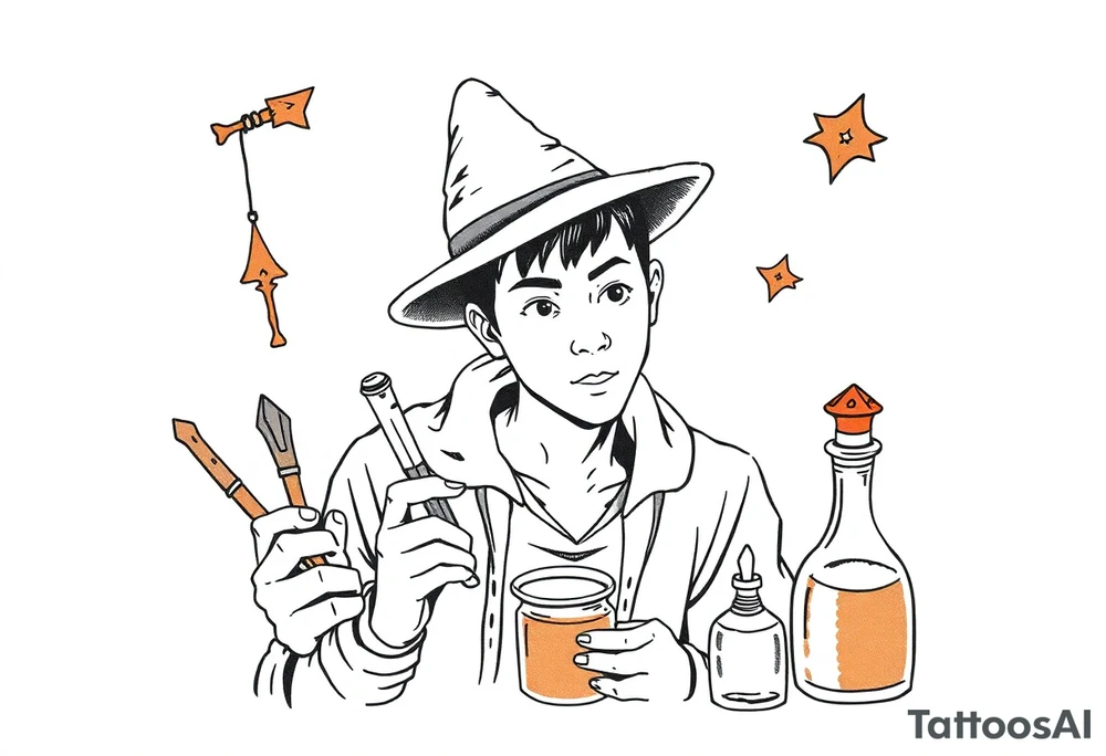 Handsome Asian young adult guy is  accidentally stumbled upon witch tools, supplies, artifacts, potions and exploring it curiously tattoo idea