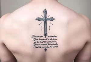 Christian tattoos for women spine with a cross and Bible verse 
Proverbs 31:30 tattoo idea
