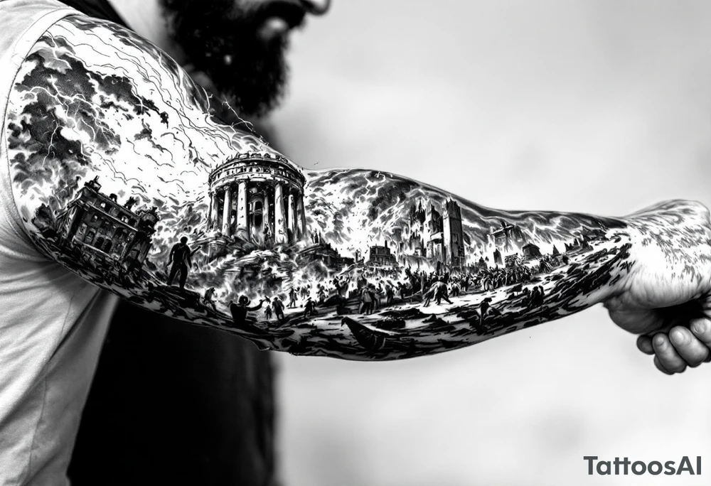 this will be a right arm sleeve.

A crumbling tower struck by lightning, with people scattering in chaos.
Fire raining down from heaven on a burning city, with smoke rising.
A blazing altar with fire falling from heaven
 Floodwaters overtaking the earth, with an ark in the distance. tattoo idea