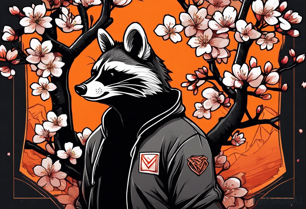 Raccoon wearing a white Superman logo on a black hoodie and orange Japanese cherry blossoms beside tattoo idea