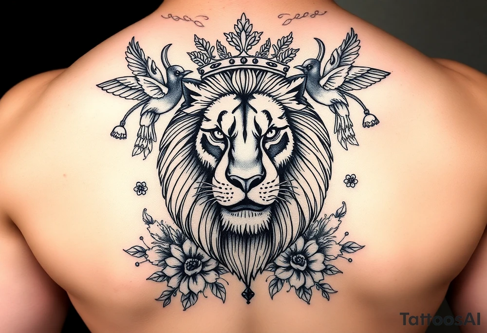powerful majestic lion with a crown, surrounded by floral ornaments and birds tattoo idea