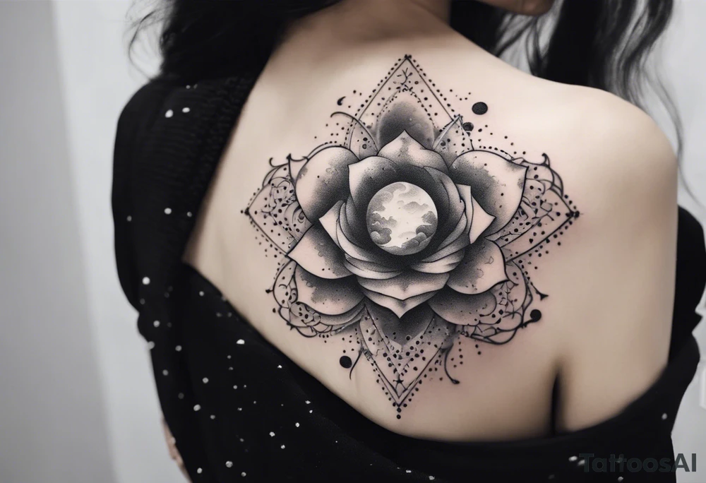 Clouds with tesseract inside and small roses and stars around it tattoo idea