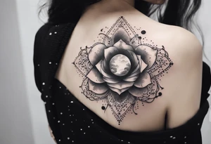Clouds with tesseract inside and small roses and stars around it tattoo idea