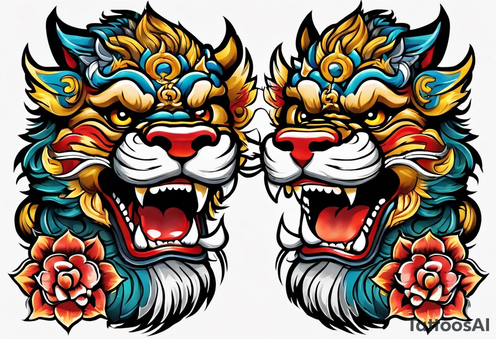 Okinawa-style pair of shisa dogs, one has an open mouth, one has a closed mouth, chest/pecs, Yakuza style, old school tattoo idea