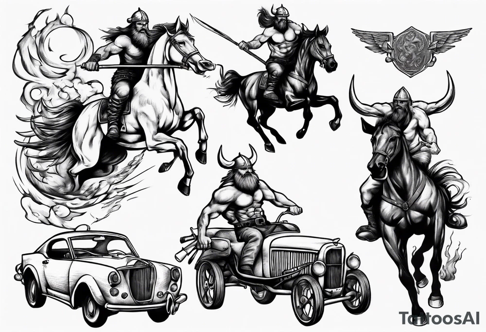 Viking riding an old mustang car tattoo idea