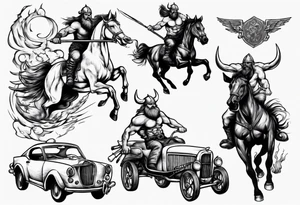Viking riding an old mustang car tattoo idea