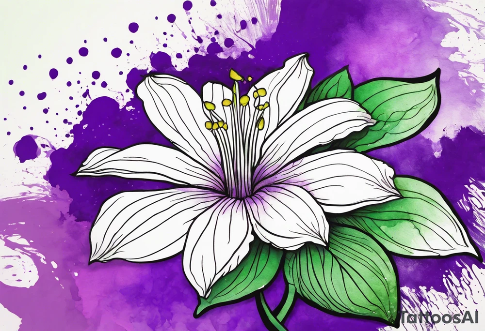A mystical outline of a rio dipladenia flower and a green/purple watercolor splash in the background tattoo idea