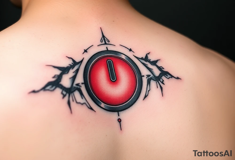"Hyperrealistic tattoo of a PC power button (1:1 size).  
text: 'Press to reboot universe'.  
Style: Fake 3D, like actual button on skin. Black/red." tattoo idea