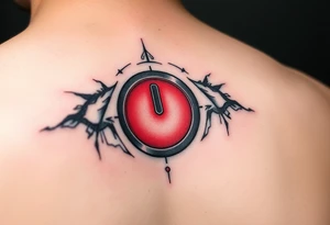 "Hyperrealistic tattoo of a PC power button (1:1 size).  
text: 'Press to reboot universe'.  
Style: Fake 3D, like actual button on skin. Black/red." tattoo idea